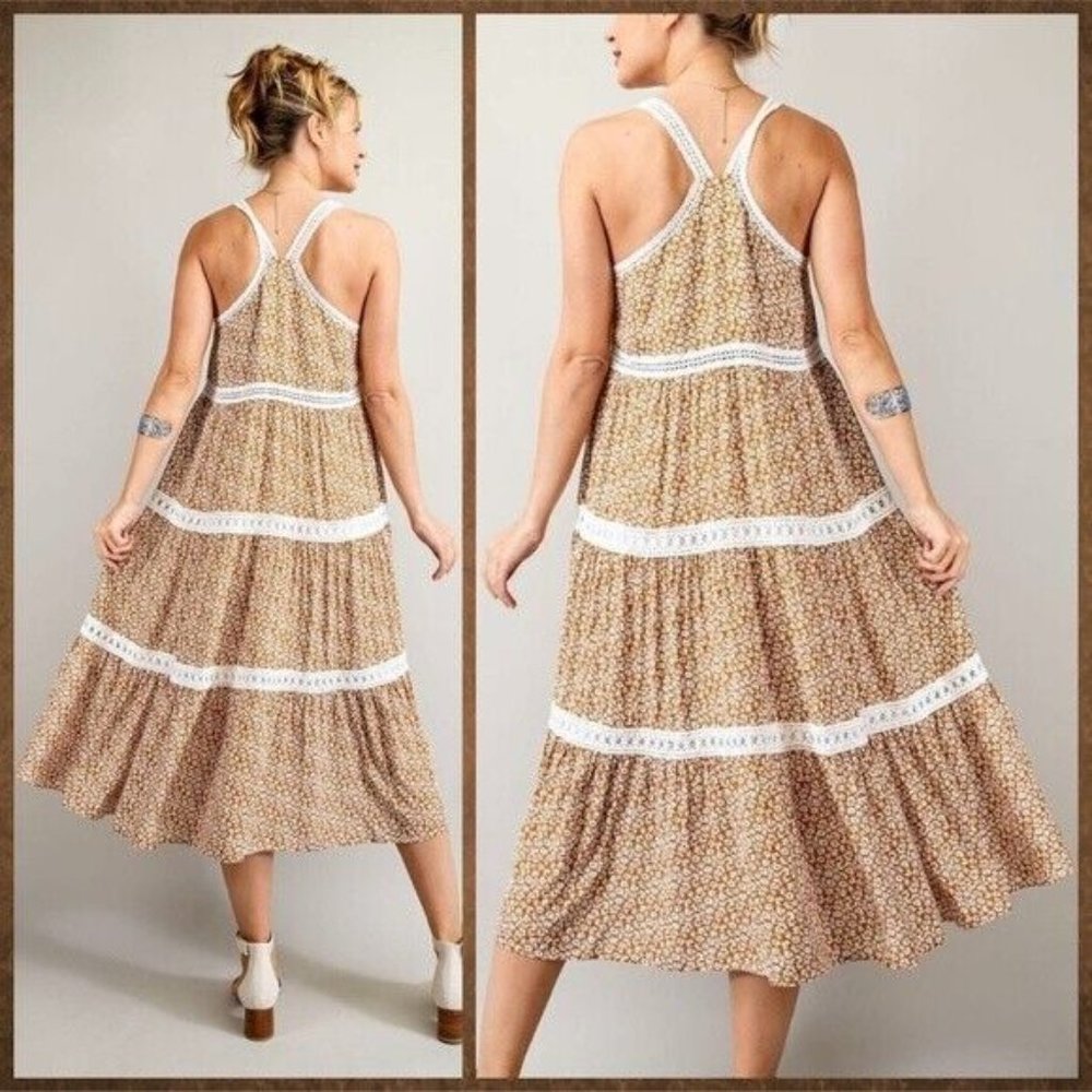EASEL Racerback Floral Print Lace Trim Tiers Midi - Maxi Ruffled Hem - Picture 2 of 16